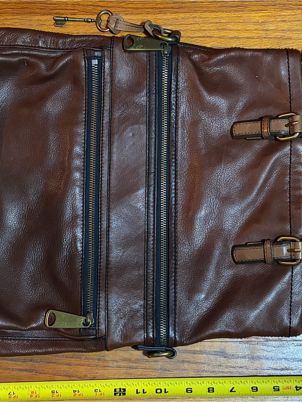 Fossil Dark Brown Leather Messenger Bag with Brass Hardware
